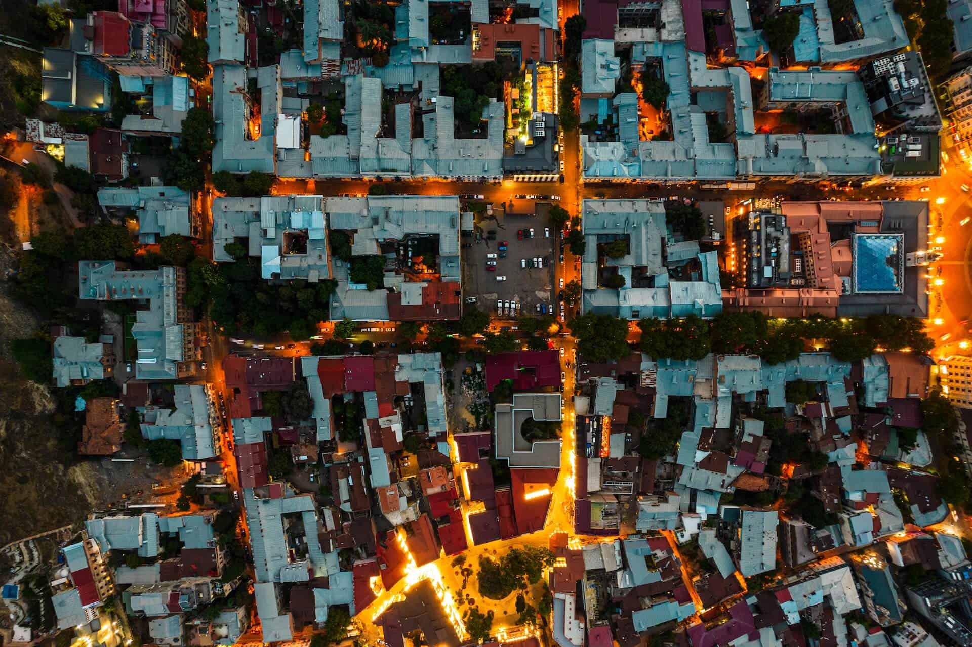 Aerial view of buildings at night
